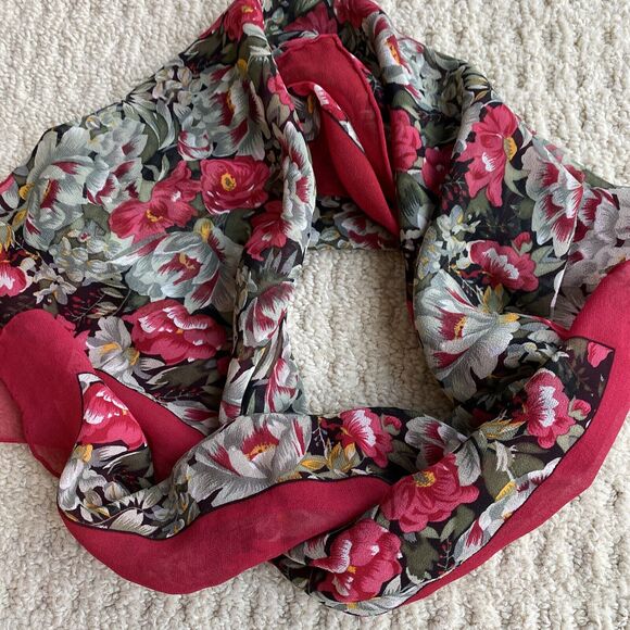 Alcott & Andrews sheer silky crepe scarf red & sage floral square cottagecore - Picture 7 of 7